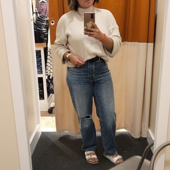 New! Ribbed Waffle Knit Balloon Sleeve Mockneck Sweater Top - Picture 3 of 10